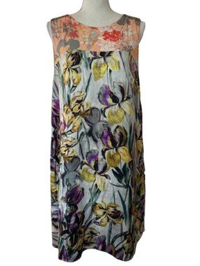 Dreis Van Noten Size 44 Floral Sleeveless Dress Beaded Shoulders Yellow Purple